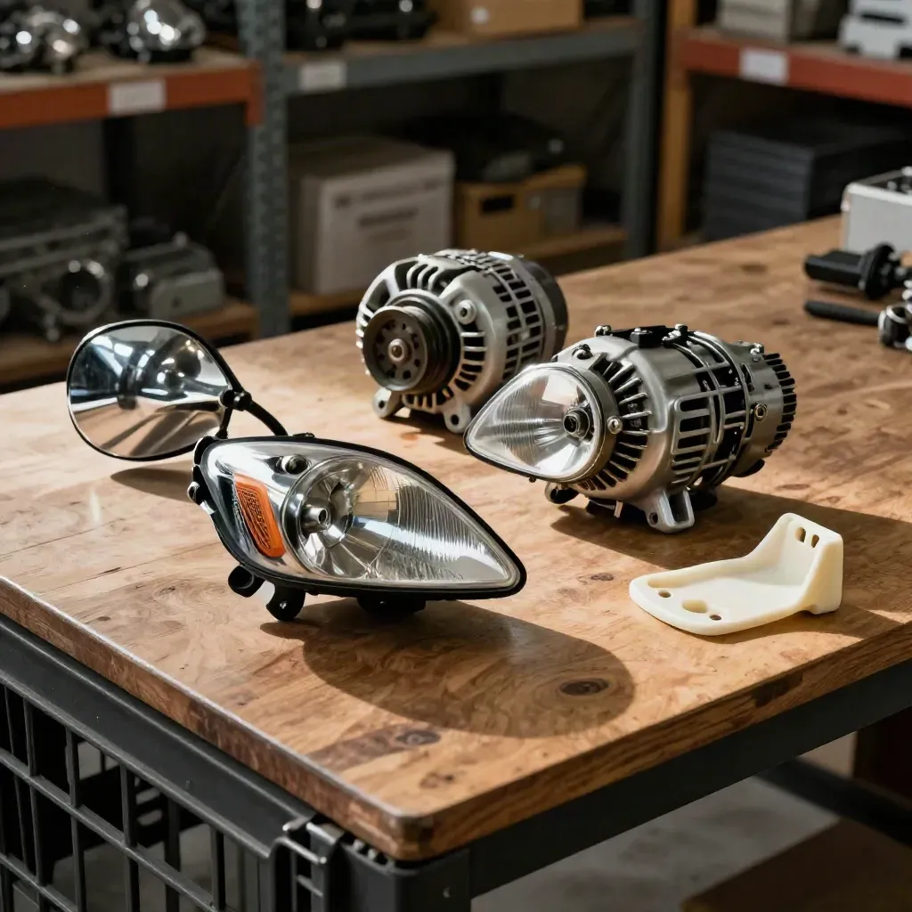 Piezas usadas limpias y ordenadas en un almacén: faros, alternador, espejo y soporte plástico.