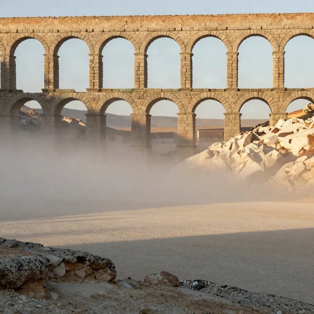 El acueducto de Segovia sobre una meseta cálida con niebla baja y luz dorada